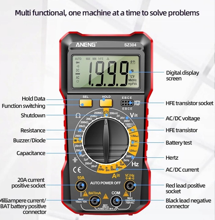Miernik Multimetr Cyfrowy ANENG SZ304 funkcja HOLD