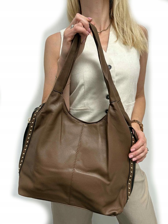 Torebka worek damska z ćwiekami shopper modna pojemna A4 CZARNA