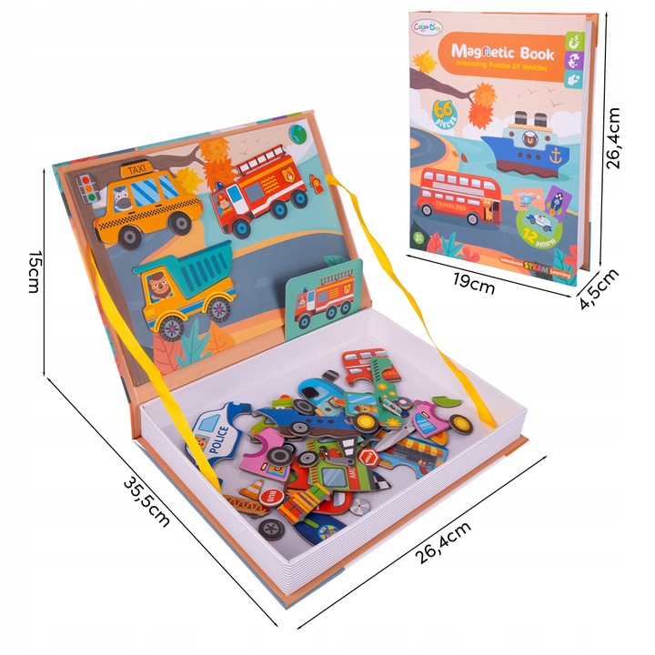 UKŁADANKA MAGNETYCZNA KSIĄŻECZKA PUZZLE POJAZDY 12 NA MAGNES 65 ELEMENTÓW