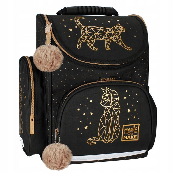 TORNISTER SZKOLNY PLECAK DLA DZIEWCZYNKI KOT KOTEK CZARNY ZŁOTY