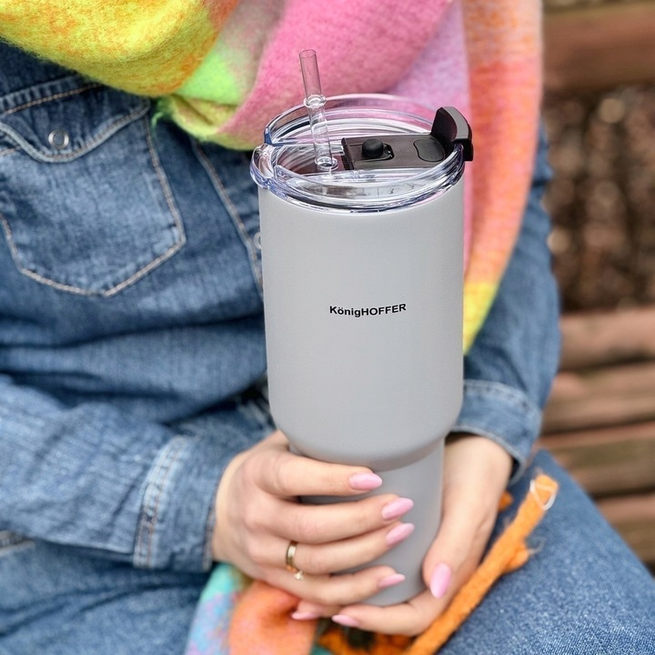 KUBEK TERMICZNY PRÓŻNIOWY ze słomką SZARY DUŻY Konighoffer Davos 1200 ml