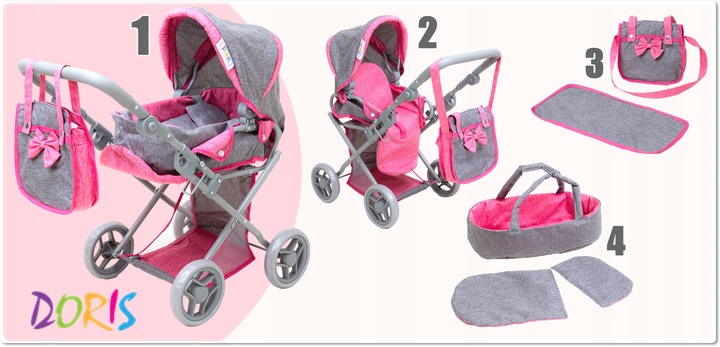 WÓZEK DLA LALEK 3w1 Spacerowy Głeboki Nosidło Torba Przewijak DORIS