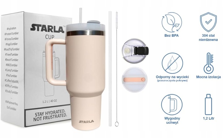 MEGA KUBEK TERMICZNY 1.2L UCHWYT SŁOMKA 2 POKRYWKI SZCZELNY