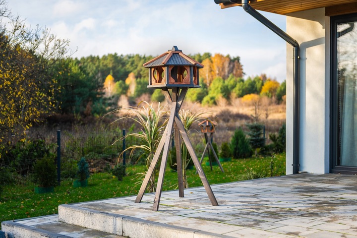 Duży Karmnik dla ptaków do stojaka drewno z wsypem KW62 antracyt-tik PL