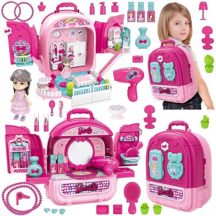 Toaletka WALIZKA domek z lalką PLECAK zestaw piękności 3w1 dla dziewczynek