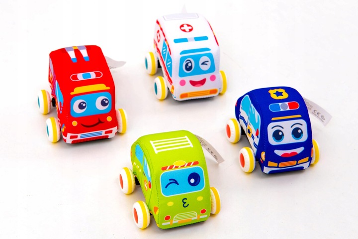 PLUSZOWE MIĘKKIE AUTKA SAMOCHODZIKI Z NAPĘDEM ZESTAW 4 SZTUK