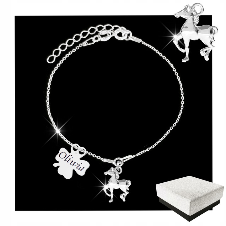 Srebrna Bransoletka dla Dziewczynki Koń Konik Koniczynka GRAWER Srebro 925