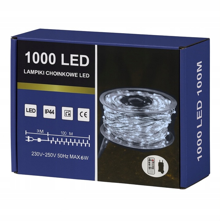 Lampki Choinkowe 1000 LED Mikro Drucik 100m Biały Zimny IP65 Pilot