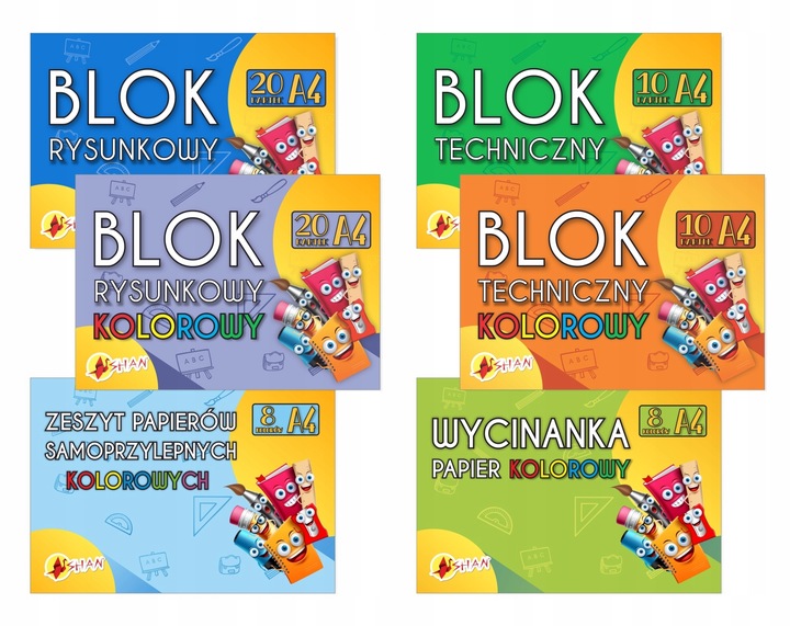 Komplet bloków szkolnych + wycinanka +samoprzylepny A4 Shan 6 szt.