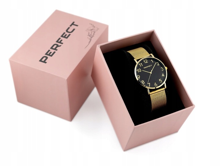 ZEGAREK DAMSKI PERFECT ZEFRA +BOX +GRAWER CYFRY bransoletka mesh złoty