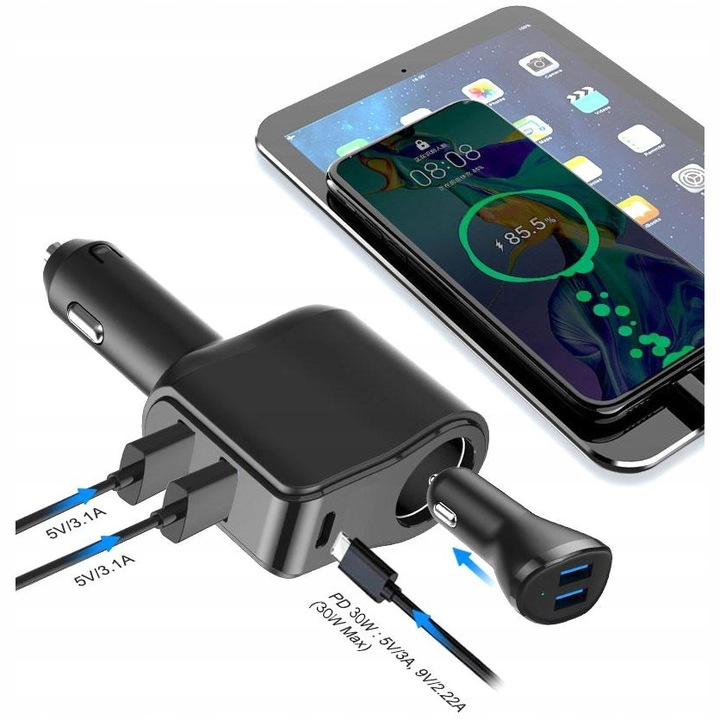 SZYBKA Ładowarka samochodowa do auta USB-C +2x USB +gniazdo zapalniczki 45W