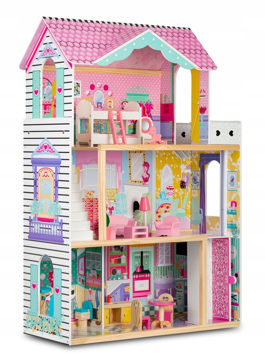 XXL DUŻY DREWNIANY RÓŻOWY DOMEK DLA LALEK MEBLE WINDA AKCESORIA LED