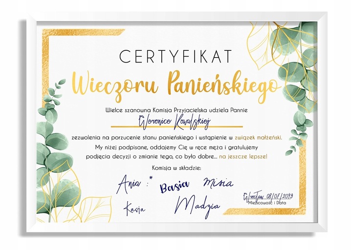 CERTYFIKAT NA WIECZÓR PANIEŃSKI A4 Boho A4