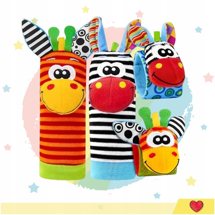 4x SKARPETKI + OPASKI 3D GRZECHOTKI SOZZY ZABAWKA SENSORYCZNA DLA NIEMOWLĄT