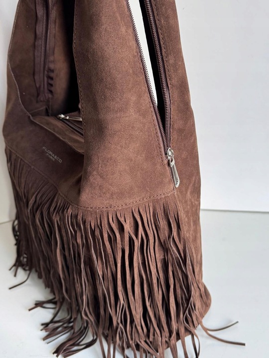 Torba Flora&Co torebka frędzle worek zamsz zamszowa eco brązowa czekoladowy