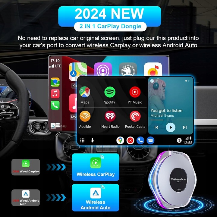 NEW Wireless Crystal Carplay AIBox Android Aut Adapter