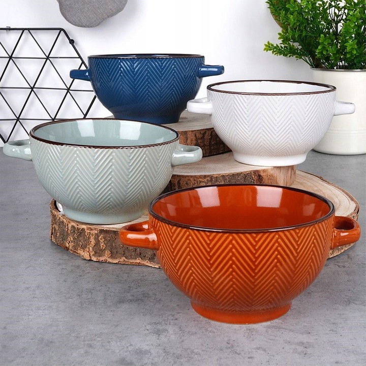 4x Miski BULIONÓWKI miseczki na zupę gulasz płatki z uszami uchwytami 620ml