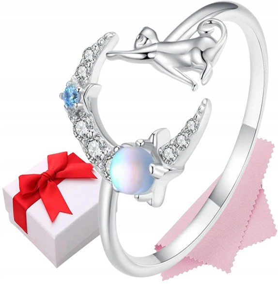 Pierścionek srebrny KSIĘŻYC KOT kamień księżycowy regulowany s925 +pudełko