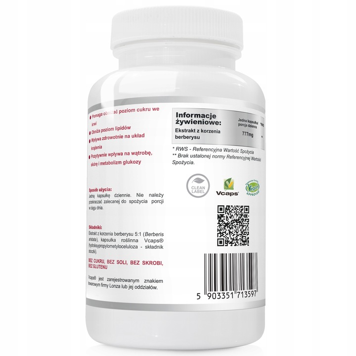 BERBERIS 777mg Niski Cukier Apetyt Odchudzanie Berberys Berberyna 90 kap