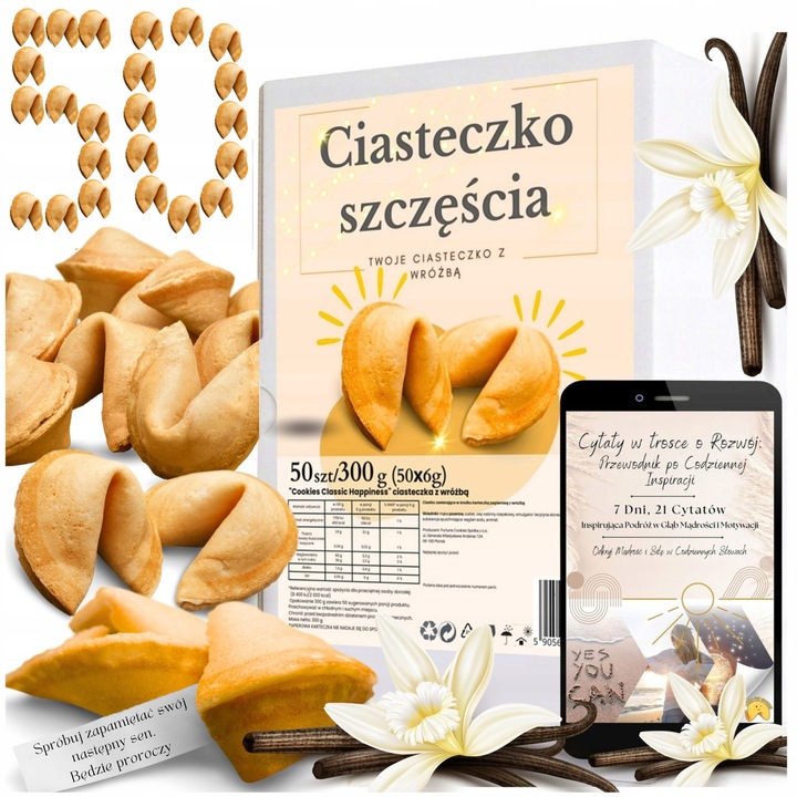 CHIŃSKIE CIASTECZKA SZCZĘŚCIA Z WRÓŻBĄ MAGIA LOSU PRZEZNACZENIA 50 + ebook