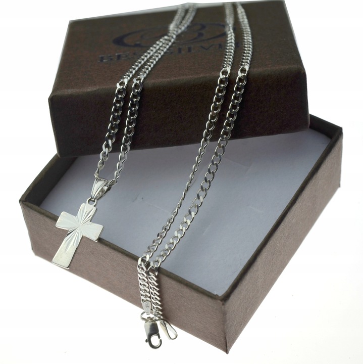 ŁAŃCUSZEK SREBRNY Z KRZYŻYKIEM 55CM PROMIENIE 925