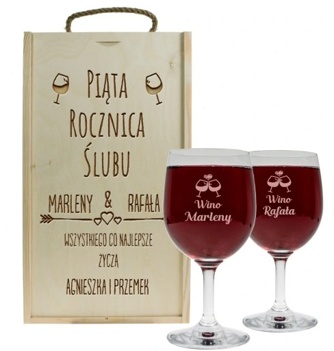 PREZENT NA ROCZNICĘ ŚLUBU SKRZYNKA PUDEŁKO NA WINO + DWA KIELISZKI GRAWER