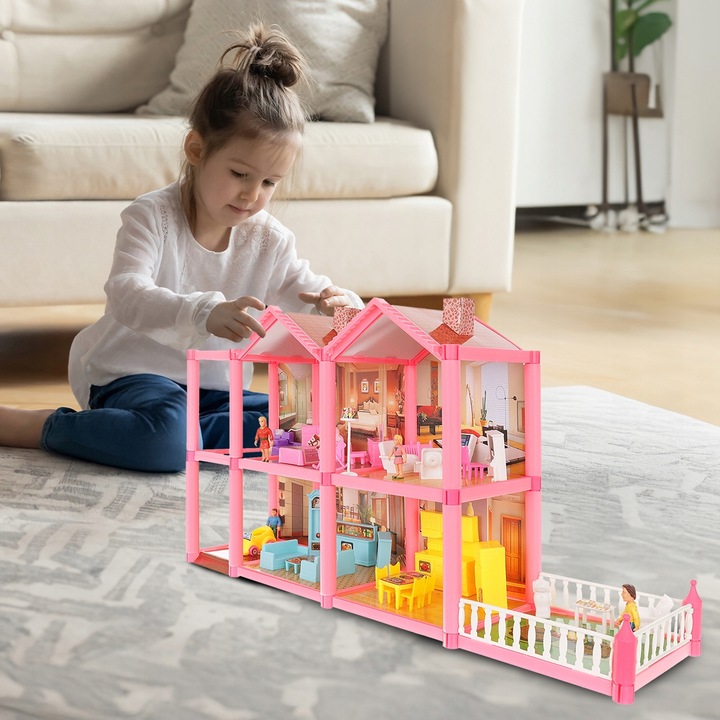 DOMEK DLA LALEK WILLA RÓZOWA MEBLE LALKI LALECZKI TARAS SAMOCHÓD DO ZABAWY