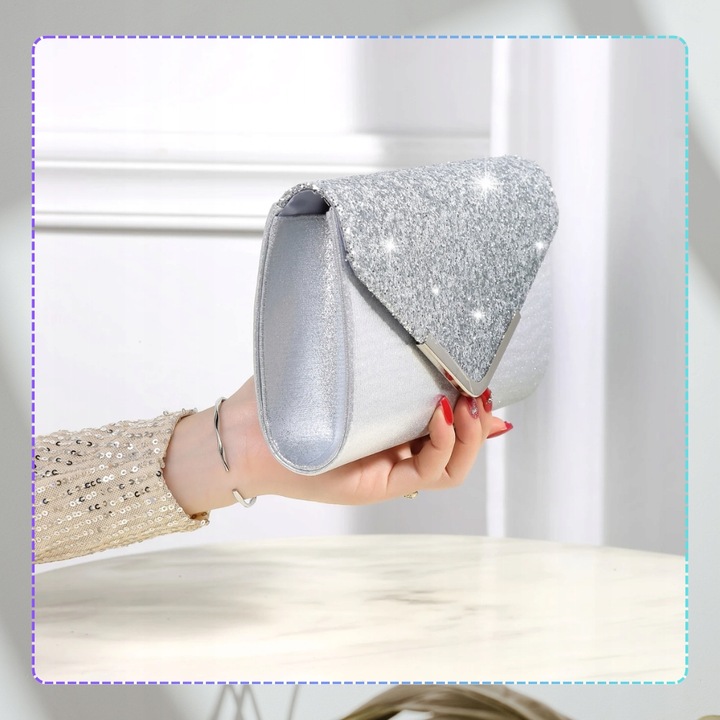 Srebrna Torebka Kopertówka Błyszcząca Wizytowa Damska portfel łańcuszek