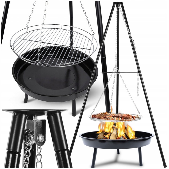 PALENISKO TRÓJNÓG GRILL OGRODOWY OGNISKOWY WISZĄCY DUŻY RUSZT CHROMOWANY 50