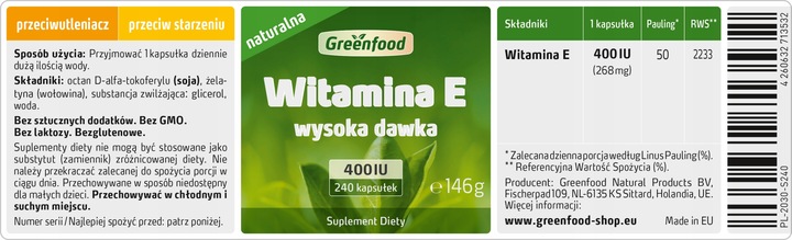 Greenfood Witamina E, 400 IU, naturalne, miękki żel, 240 kapsułek.