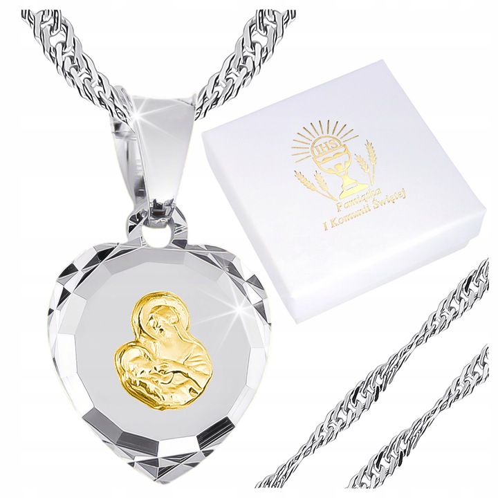 MEDALIK Komunijny Srebrny Łańcuszek SERCE Matka Boska do Komunii na Chrzest