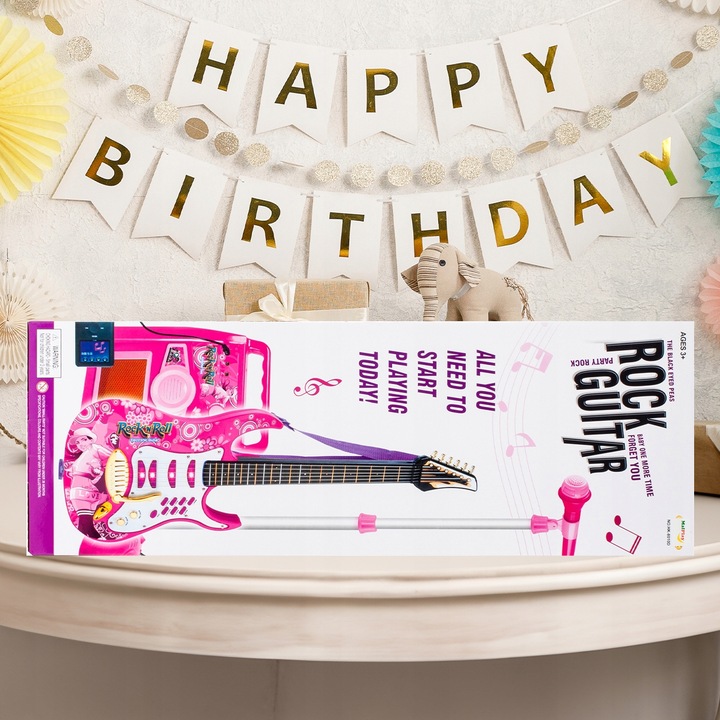 GITARA ELEKTRYCZNA DUŻA DLA DZIECI Z MIKROFONEM WZMACNIACZ STATYW RÓŻOWA