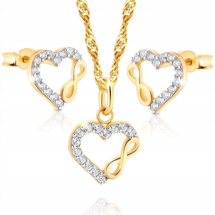 Złoty Komplet Biżuterii Złoto 333 Naszyjnik Kolczyki Serca Nieskończoność