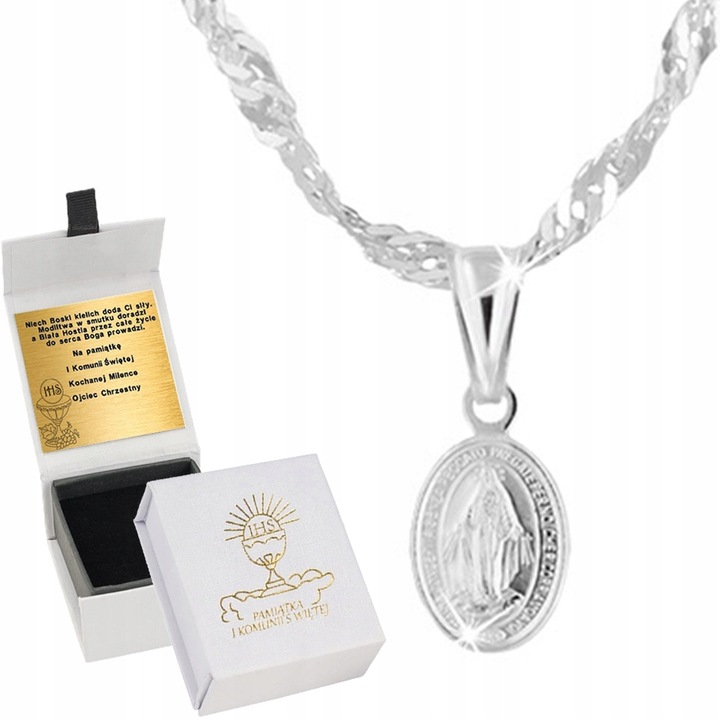 Łańcuszek srebrny medalik Komunia Chrzest dla dziewczynki grawer
