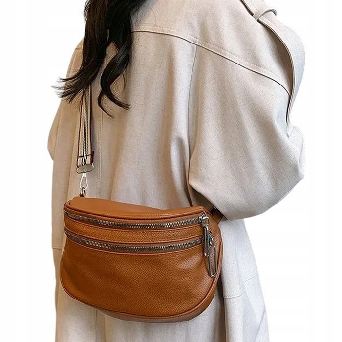 Torebka Damska Nerka BRĄZOWA Pojemna na Ramię Pasek Parciany Srebrny Zamek