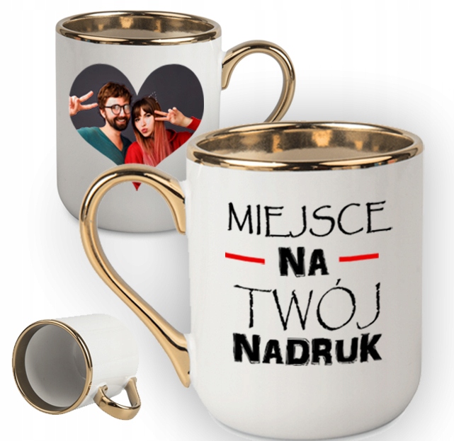 Kubek z Twoim nadrukiem ze złotym uchwytem zdjęcie prezent kubki z własnym