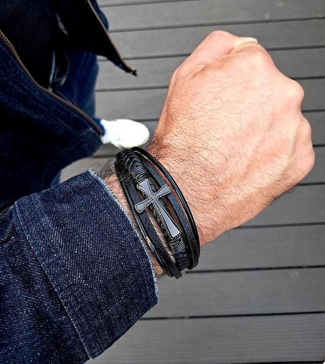 Bransoletka męska KRZYŻ skórzana dla TATY brata z grawerem