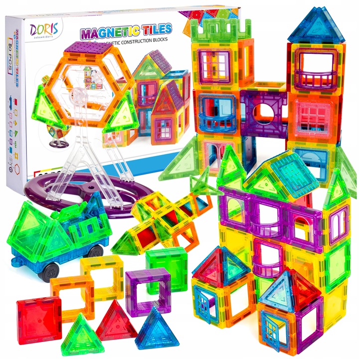 KLOCKI MAGNETYCZNE 3D budynki pojazdy podwozie ZESTAW Magnetic Tiles 80 el.