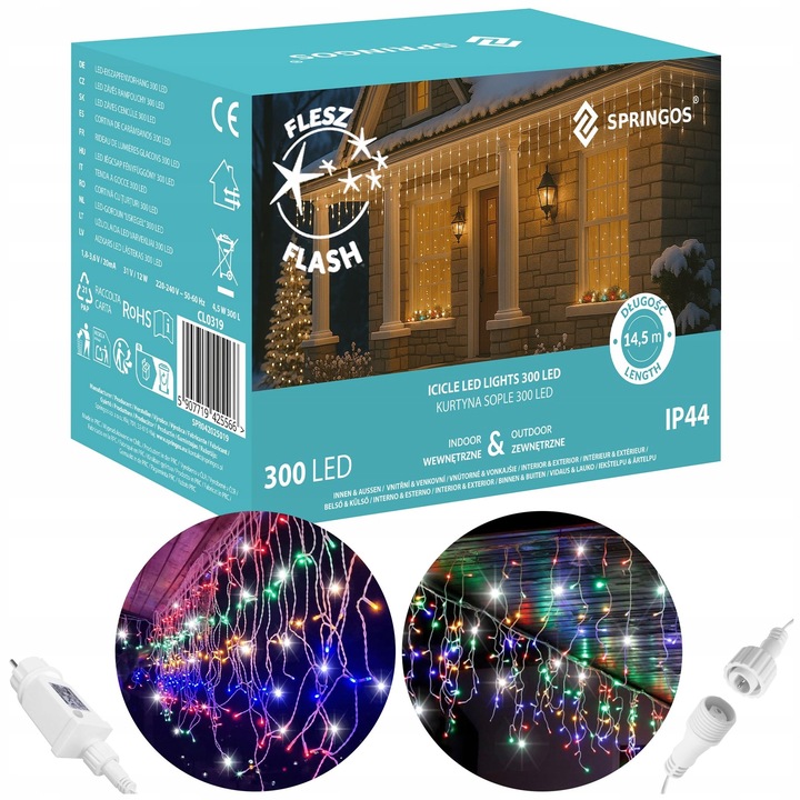 KURTYNA GIRLANDA ŚWIETLNA SOPLE LAMPKI 300LED MULTIKOLOR FLASH OŚWIETLENIE
