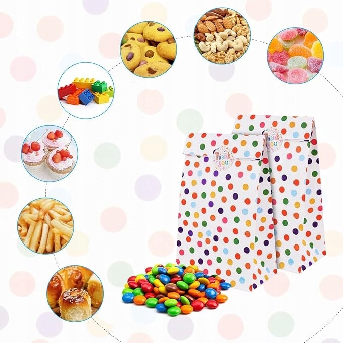 18X PAPIEROWE TOREBKI W KROPKI NA PREZENTY Z NAKLEJKAMI UPOMINKI DLA DZIECI