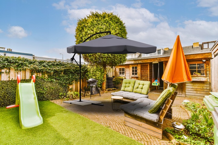 PARASOL OGRODOWY 350cm SKŁADANY NA WYSIĘGNIKU WODOODPORNY + POKROWIEC SZARY