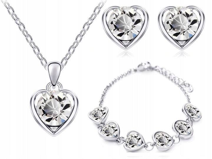 Srebrny komplet biżuterii srebrzone serduszka białe cyrkonie na prezent
