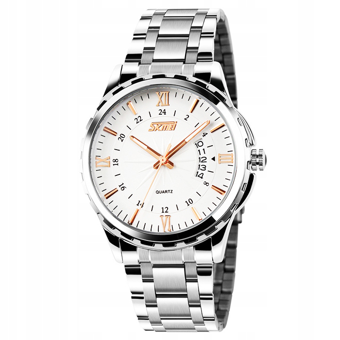 Zegarek męski bransoleta srebrny złoty czytelna tarcza datownik