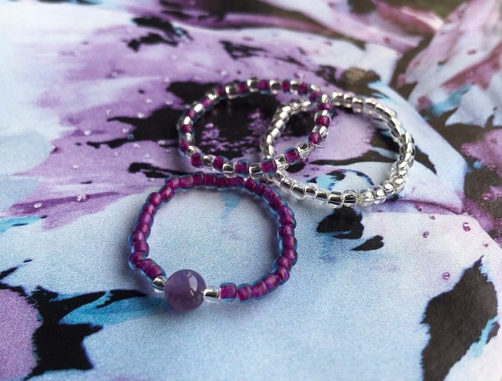 AMETYST PIERŚCIONKI Z KORALIKÓW ZESTAW 3 SZTUKI KORALIKI SREBRNE