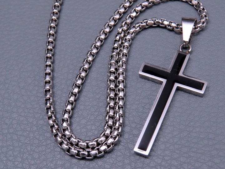 SREBRNY ŁAŃCUSZEK Z KRZYŻYKIEM STAL CHIRURGICZNA 316L SPLOT KRÓLEWSKI 60CM