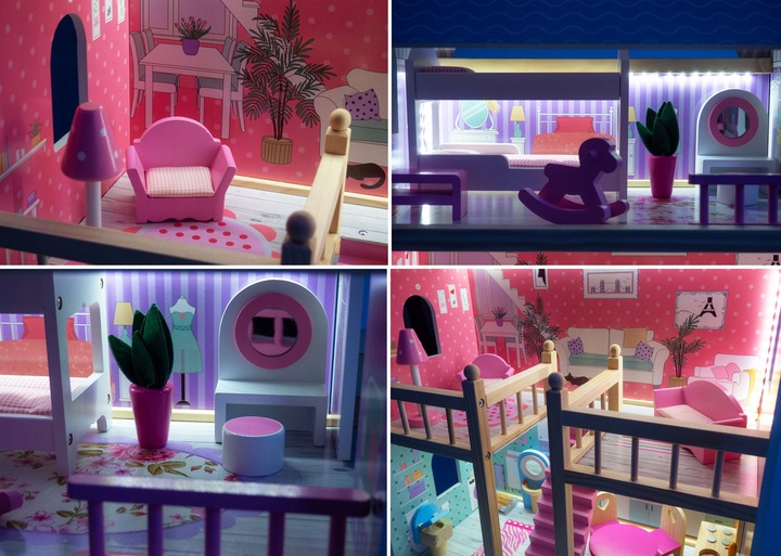 Domek dla Lalek Drewniany Duży Oświetlenie LED Mebelki 3 Poziomy - XL 90cm