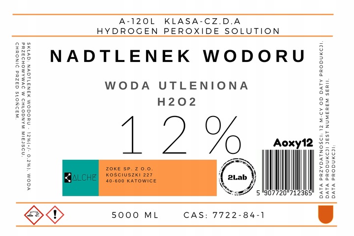 Nadtlenek wodoru 12%. Woda utleniona 12%. 5000 ml.