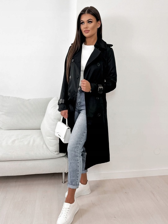 Płaszcz trencz prochowiec czarny długi s-2xl na wiosnę