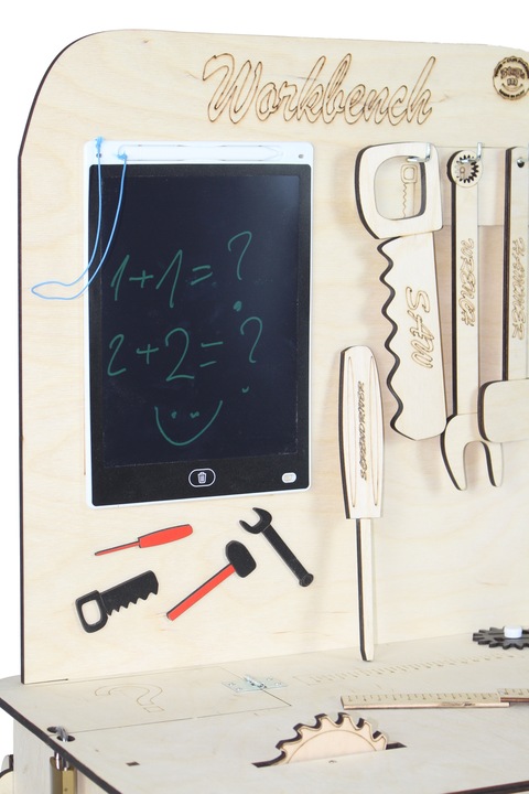 Drewniany warsztat majsterkowicza tablet kłódka imadło schowek piła POLSKI!