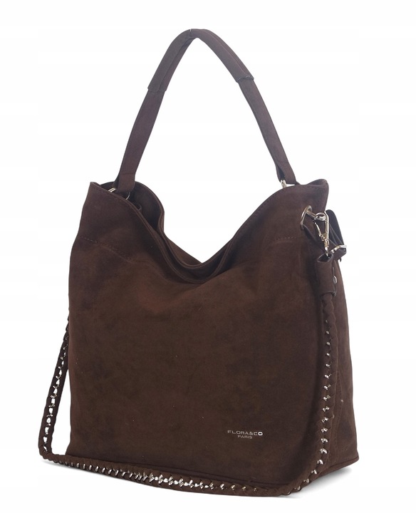 Flora&Co Paris Czekoladowa zamszowa torebka Worek Łańcuszek + Pasek Zamsz